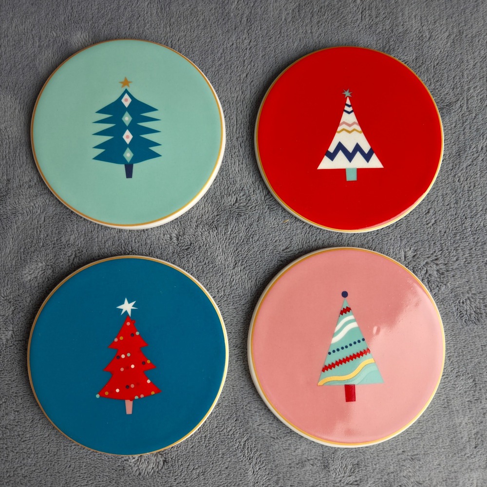 VIntage Pier 1 Imports Christmas Tree Ceramic Coasters Set of 4 Retro MCM Style
